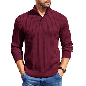 Men's Quarter Button Sweater Long Sleeve Stand Collar Sweater Knitted Wine Red